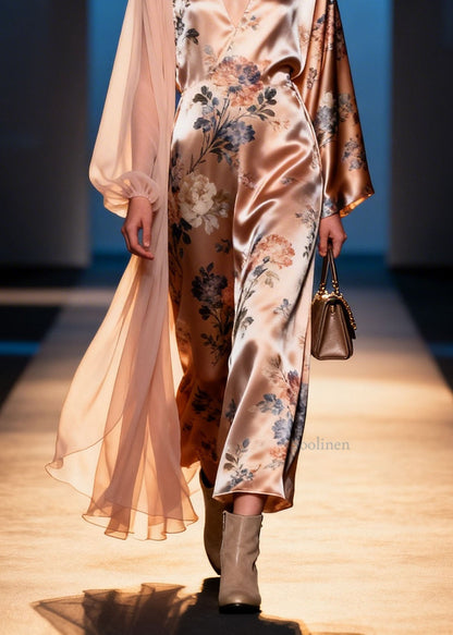 Unique V Neck Print Patchwork Silk Maxi Dresses Spring