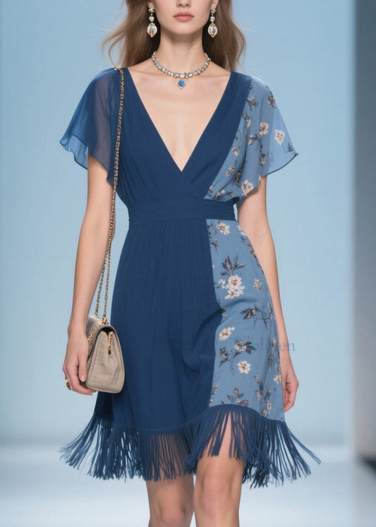Unique V Neck Print Tassel Patchwork Cotton Dresses Summer