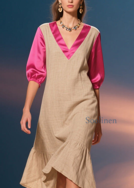 Unique V Neck Wrinkled Silk Patchwork Cotton Dress Summer