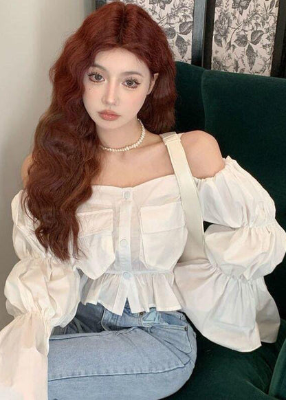 Unique White Cold Shoulder Cotton Shirt Tops Puff Sleeve