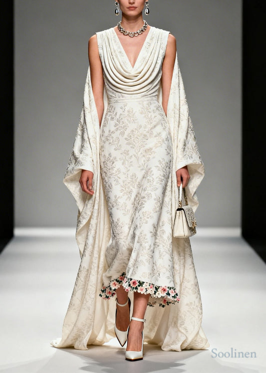 Unique White Jacquard Flower Patchwork Silk Vacation Dresses Summer