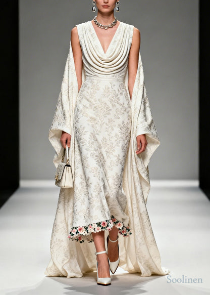 Unique White Jacquard Flower Patchwork Silk Vacation Dresses Summer