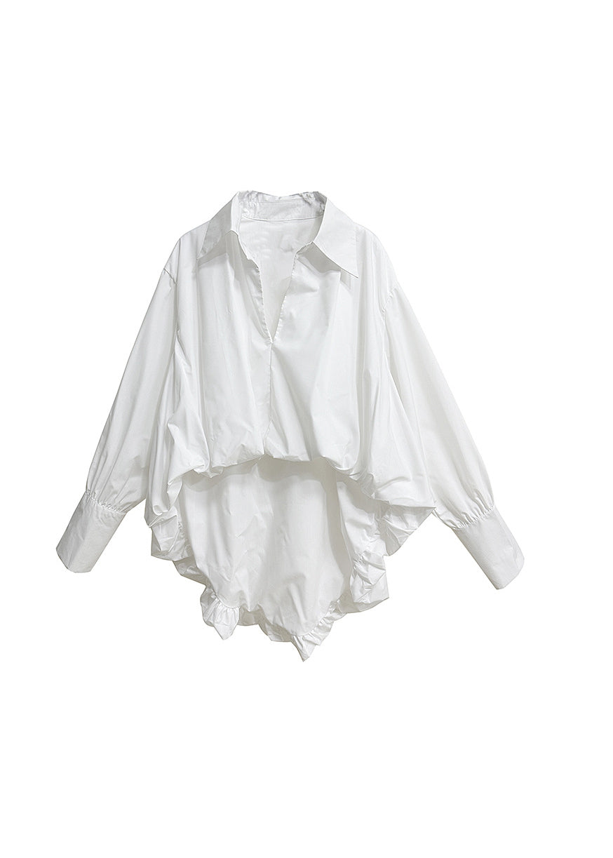 Unique White Peter Pan Collar Wrinkled Patchwork Cotton Shirts Long Sleeve