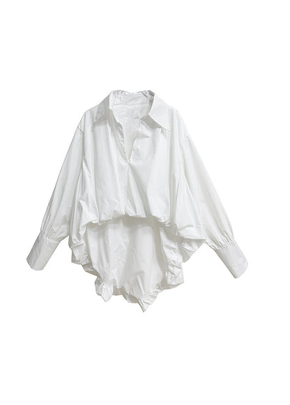 Unique White Peter Pan Collar Wrinkled Patchwork Cotton Shirts Long Sleeve
