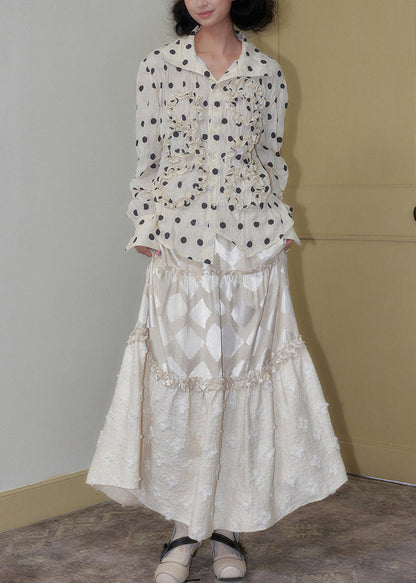 Unique White Ruffled Print Chiffon Shirt Tops Spring