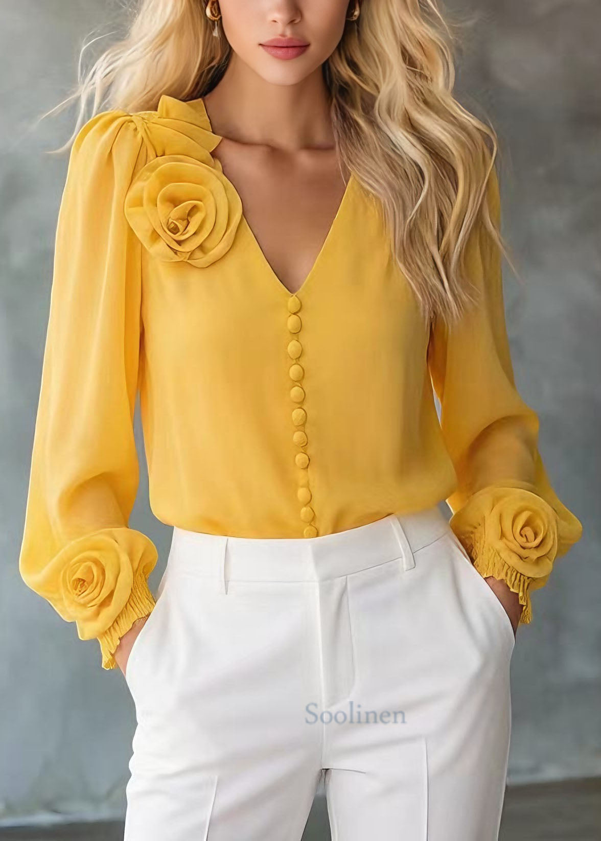Unique Yellow V Neck Floral Chiffon Shirt Tops Spring
