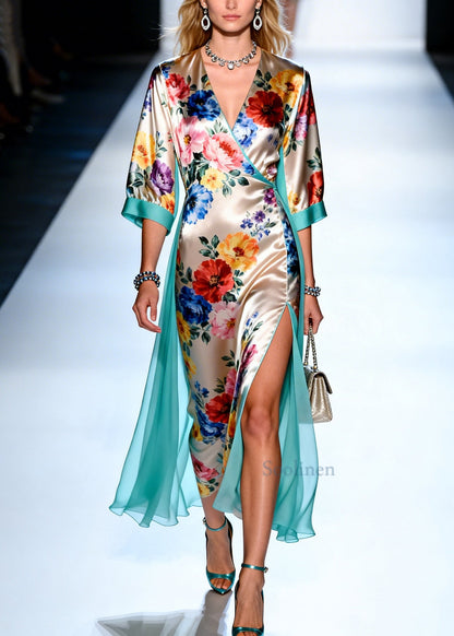 Vintage Apricot Print Tulle Patchwork Side Open Silk Dress Summer