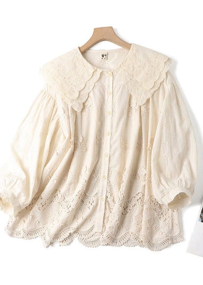 Vintage Beige Double-layer Embroidered Cotton Blouses Spring