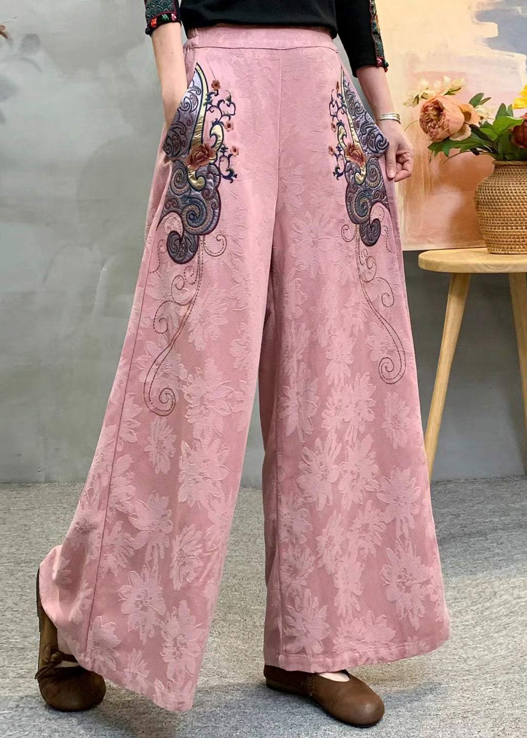 Vintage Beige Embroidered Jacquard Draping Cotton Pants Spring