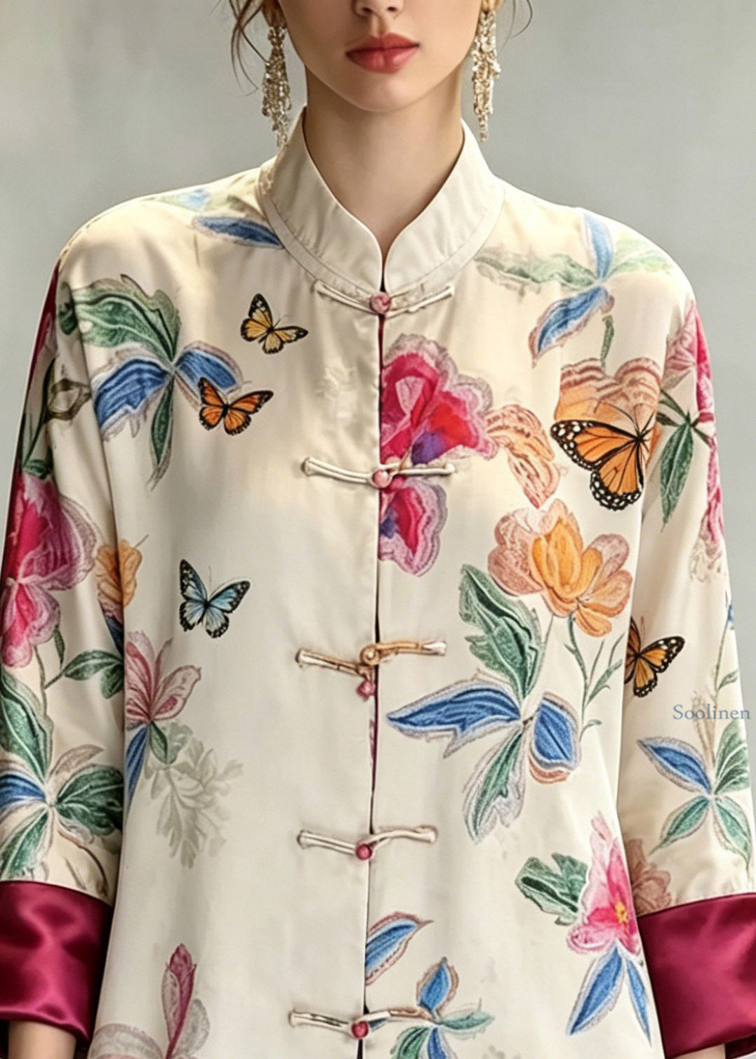 Vintage Beige Stand Collar Button Shirts Fall
