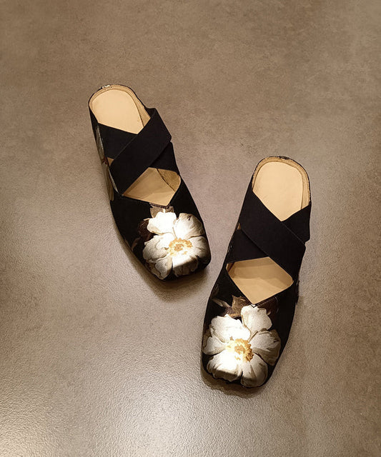 Vintage Black Cowhide Leather Floral Splicing Slide Sandals