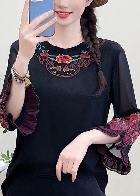Vintage Black Embroidered Floral Cotton Shirt Tops Bracelet Sleeve