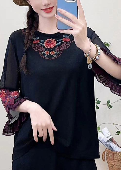 Vintage Black Embroidered Floral Cotton Shirt Tops Bracelet Sleeve