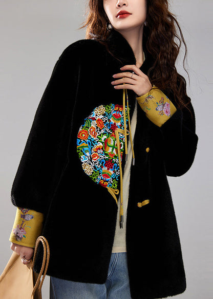 Vintage Black Embroidered Tasseled Faux Mink Velvet Coats Winter