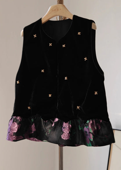 Vintage Black O-Neck Patchwork Silk Velour Waistcoat Sleeveless