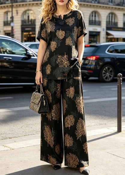Vintage Black O-Neck Print T Shirts And Wide Leg Pants Silk Two Piece Set Summer