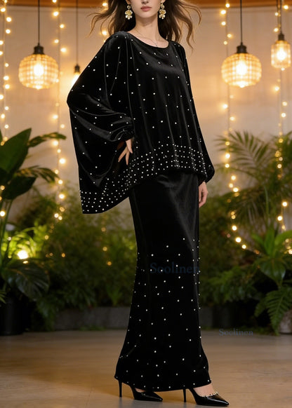 Vintage Black Oversized Nail Bead Silk Velvet Two Piece Set Women Clothing Spring