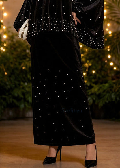 Vintage Black Oversized Nail Bead Silk Velvet Two Piece Set Women Clothing Spring