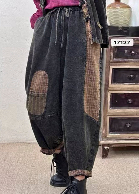 Vintage Black Oversized Patchwork Applique Linen Harem Pants Spring