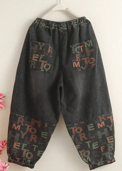Vintage Black Pockets Graphic Print Denim Harem Pants Spring