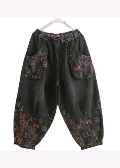Vintage Black Pockets Graphic Print Denim Harem Pants Spring