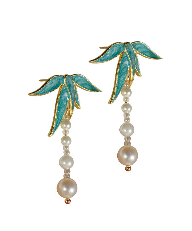 Vintage Blue Alloy Pearl Drip Glaze Bamboo Leaf Tassel Drop Earrings