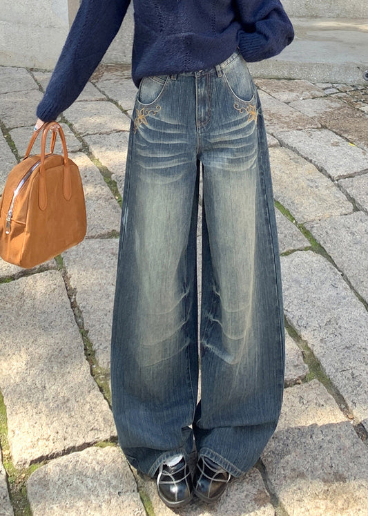 Vintage Blue Embroidered Pockets Denim Wide Leg Pants Spring