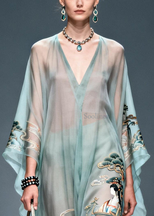Vintage Blue Oversized Print Chiffon Long Dresses Summer