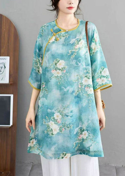 Vintage Blue Print Linen Top Half Sleeve