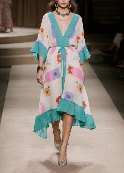 Vintage Blue Print Patchwork Ruffles Cotton Dresses Summer