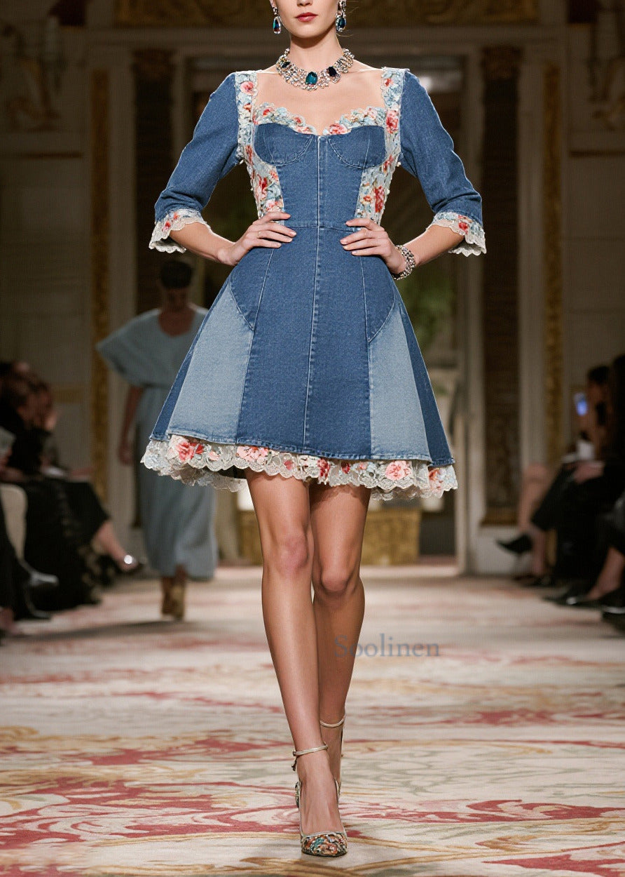 Vintage Blue Square Collar Lace Patchwork Denim Mini Dress Summer