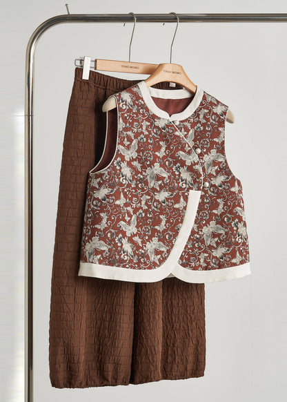 Vintage Brick Red Butterfly Jacquard Cotton Vests Fall