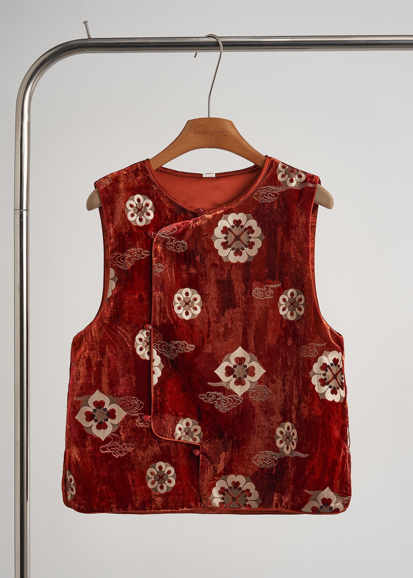 Vintage Brick Red Jacquard Silk Velvet Vests Sleeveless