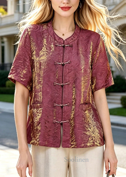 Vintage Brick Red O Neck Oriental Button Cotton Top Summer
