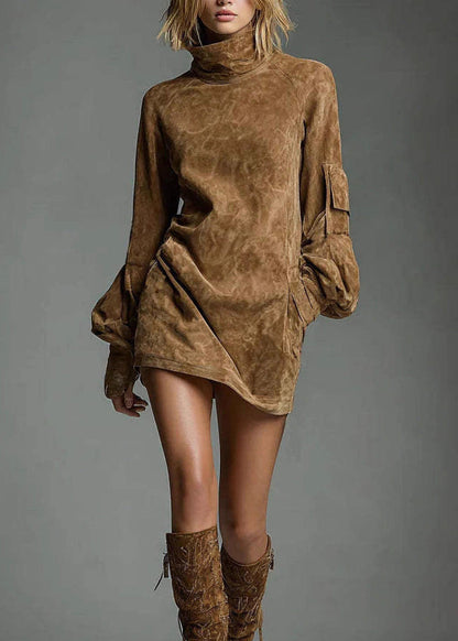 Vintage Brown High Neck Faux Suede Mid Dress Lantern Sleeve