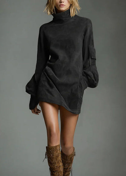 Vintage Brown High Neck Faux Suede Mid Dress Lantern Sleeve