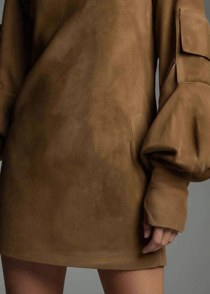 Vintage Brown High Neck Faux Suede Mid Dress Lantern Sleeve