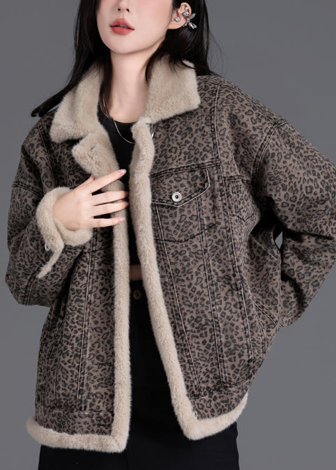 Vintage Brown Oversized Leopard Print Warm Fleece Jacket Winter