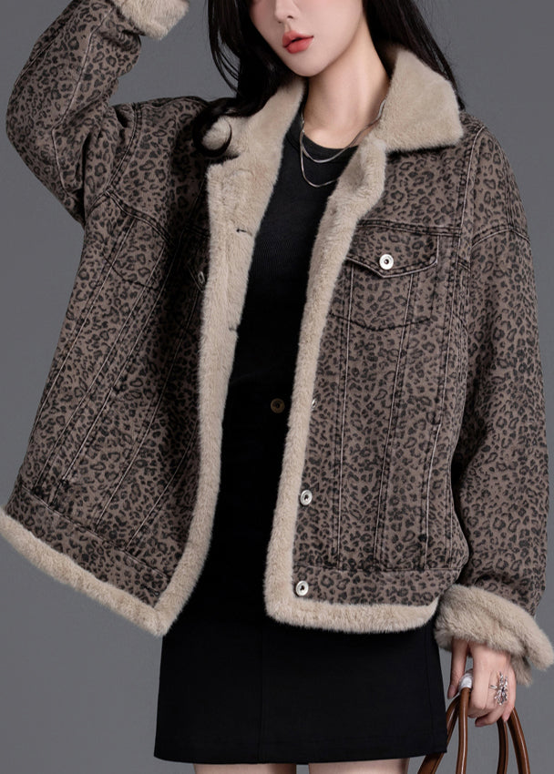 Vintage Brown Oversized Leopard Print Warm Fleece Jacket Winter