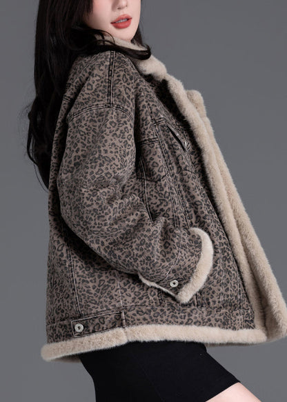 Vintage Brown Oversized Leopard Print Warm Fleece Jacket Winter