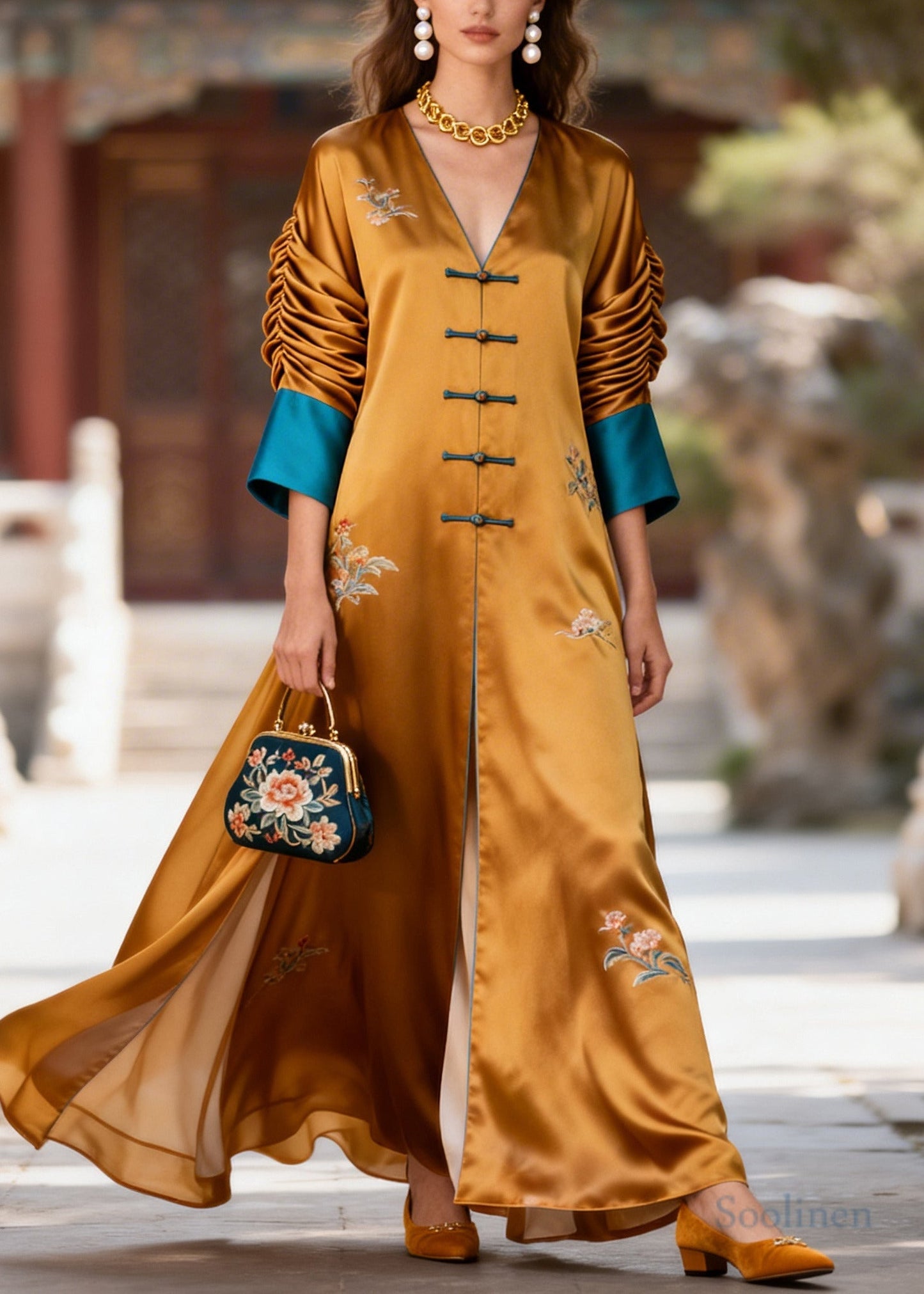 Vintage Brown Print Patchwork Chinese Button Silk Oriental Dress Fall