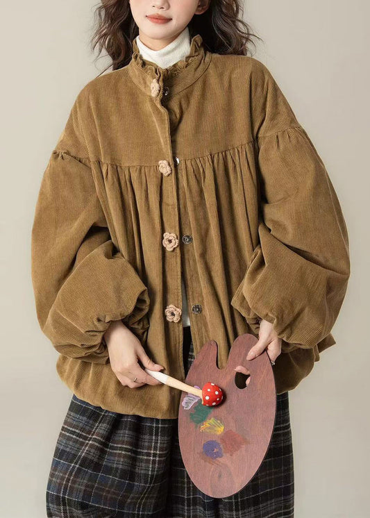 Vintage Brown Stand Collar Floral Button Corduroy Cotton Filled Parkas