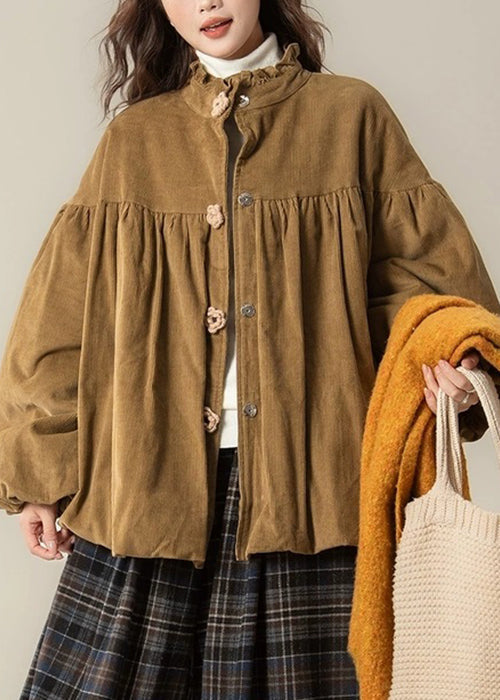 Vintage Brown Stand Collar Floral Button Corduroy Cotton Filled Parkas