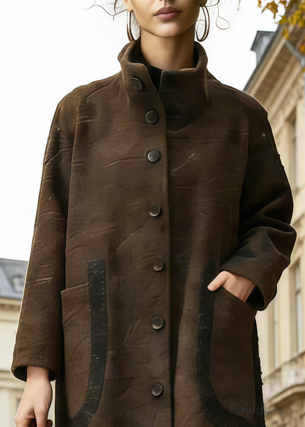 Vintage Brown Stand Collar Pockets Woolen Trench Winter