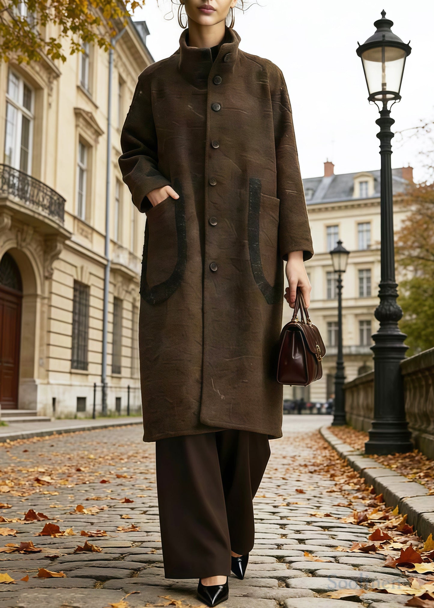 Vintage Brown Stand Collar Pockets Woolen Trench Winter
