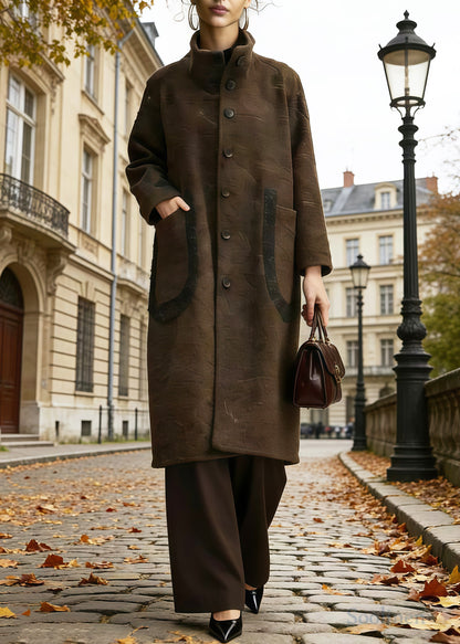 Vintage Brown Stand Collar Pockets Woolen Trench Winter