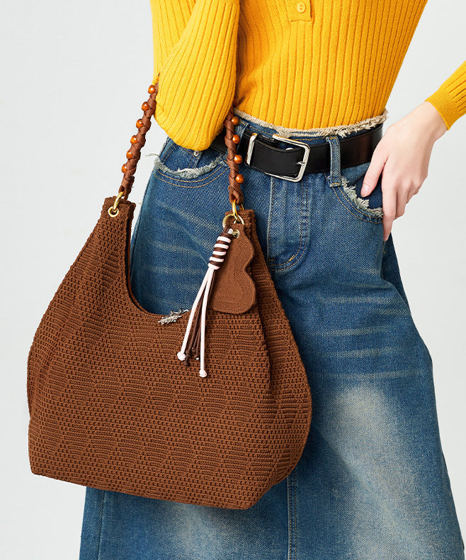 Vintage Brown Tasseled Nail Bead Cotton Shoulder Bags