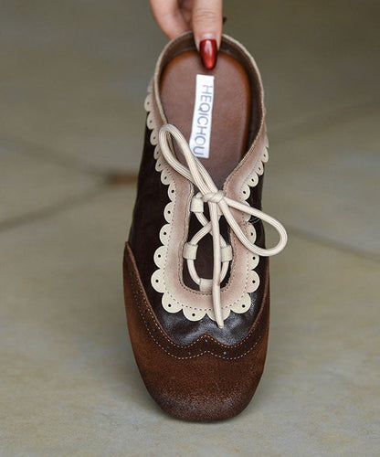 Vintage Chocolate Flat Embossed Lace Up Cowhide Leather Slippers