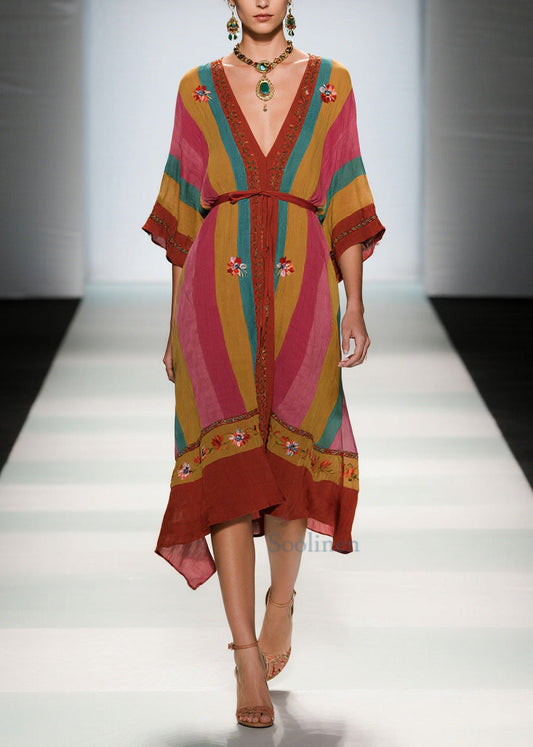 Vintage Colorblock Tie Waist Floral Cotton Maxi Dress Summer