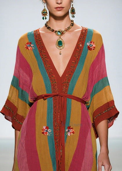 Vintage Colorblock Tie Waist Floral Cotton Maxi Dress Summer